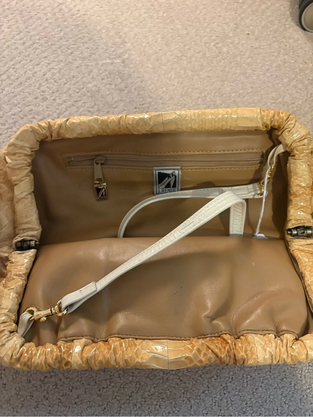 J. Renee Beige Snake Embossed Frame Clutch Crossbody Bag